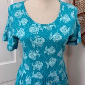 Fresh Produce Fish Print Cotton Dress Sz S Teal Beach Resort Coastal Mermaidcore